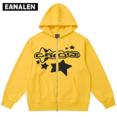 Harajuku Ρετρό Μαύρο Κίτρινο Αστέρι Γραφικό Φούτερ με κουκούλα Σακάκι Ανδρικό φόρεμα μεγάλου μεγέθους πανκ ροκ Γυναικείο μπουφάν Grunge Y2K