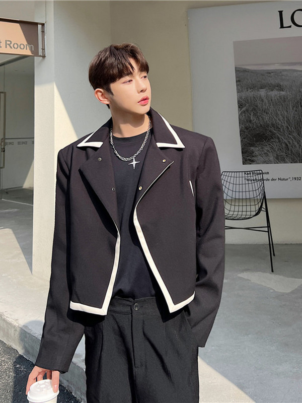 SYUHGFA Moda de primăvară Design de culoare contrastantă Jachetă casual stil scurtă 2023 Guler răsturnat Topuri casual pentru bărbați cu un singur buton