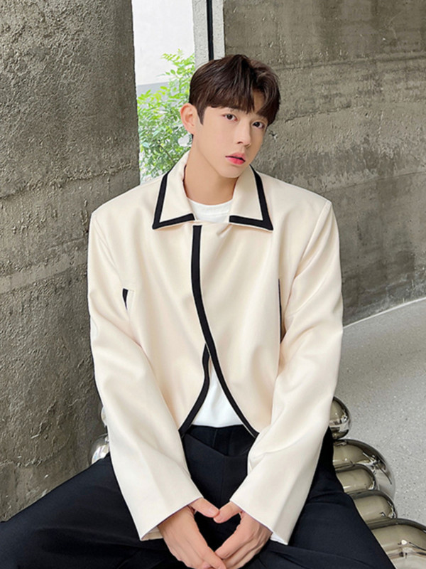 SYUHGFA Moda de primăvară Design de culoare contrastantă Jachetă casual stil scurtă 2023 Guler răsturnat Topuri casual pentru bărbați cu un singur buton