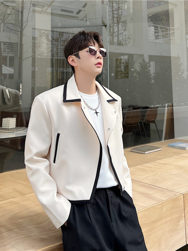 SYUHGFA Moda de primăvară Design de culoare contrastantă Jachetă casual stil scurtă 2023 Guler răsturnat Topuri casual pentru bărbați cu un singur buton