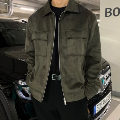 Roheline seemisnahast jakk Meeste Slim Fit mood tasku vabaaja jakid Meeste tänavariided Korea Bomber jakk Meeste lühike mantel Välirõivad M-2XL
