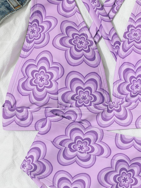 Vigorshely 2023 Sexy potlač s vysokým pásom, push-up bikiny, set s krížovým viazaním na chrbte, dámske plážové dvojdielne plavky