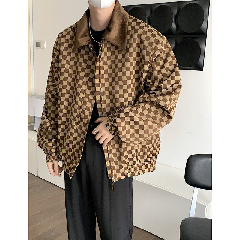Φθινοπωρινό oversized καρό σακάκι ανδρική μόδα Casual πέτο Ανδρικό τζάκετ με φερμουάρ Κορεάτικο στυλ Χαλαρό μπουφάν Bomber Ανδρικό κοντό παλτό M-2XL