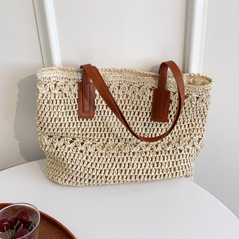 Geantă de mână pentru femei Geantă de plajă de vară din ratan țesut manual tricotat paie Tote de mare capacitate din piele Geantă de umăr pentru femei Boemia Nou