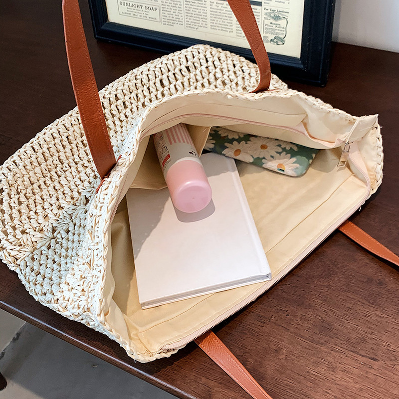 Geantă de mână pentru femei Geantă de plajă de vară din ratan țesut manual tricotat paie Tote de mare capacitate din piele Geantă de umăr pentru femei Boemia Nou