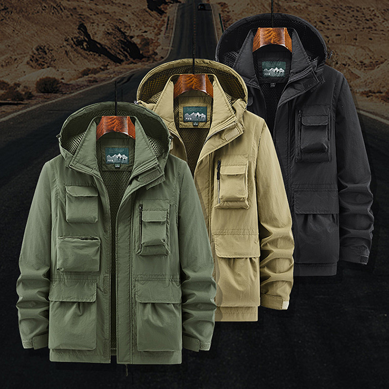 Férfi kapucnis férfi kabátok őszi kabát ujjú hosszú levehető ujjú zsebbel több kapucnis férfi kabátok cipzáras munka levehető