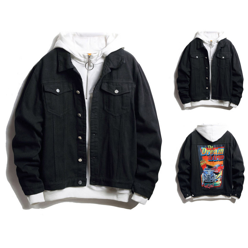 Fleece Men Oversize Μαύρο σακάκι πέτο τζιν μη εμπριμέ Ανδρικό μονόχρωμο μπουφάν φαρδύ ​Κουμπί συνονθύλευμα Men Up Fleece Cartoon