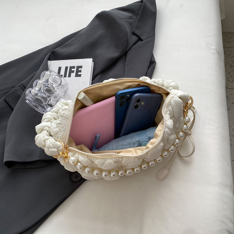 Genți încrețite pentru femei Genți de umăr Genți de mână cu pliuri matlasate în nor Geantă de mână cu lanț de perle Geantă moale de călătorie Messenger 2023 주름가방