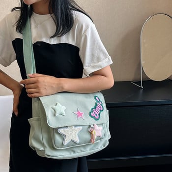 Дамска чанта със звезден модел Kawaii Crossbody Bag Casual Tote Lady Y2k Streetwear Голяма чанта за рамо Момиче Пътуване Ученическа чанта Дамска чанта