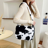 Γυναικεία βελούδινη τσάντα ώμου με μοτίβο αγελάδας Γούνινη τσάντα αγγελιοφόρου μόδας με πτερύγιο τσάντα τσάντα casual ευέλικτη φθινοπωρινή τσάντα με σφεντόνα