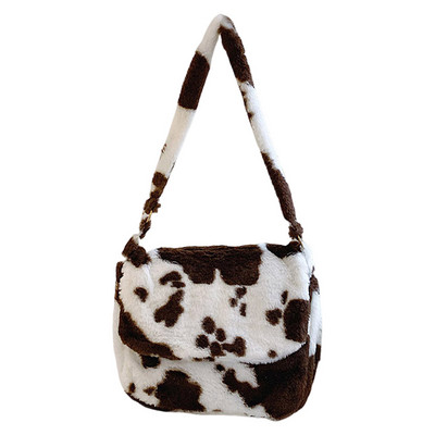 Γυναικεία βελούδινη τσάντα ώμου με μοτίβο αγελάδας Γούνινη τσάντα αγγελιοφόρου μόδας με πτερύγιο τσάντα τσάντα casual ευέλικτη φθινοπωρινή τσάντα με σφεντόνα