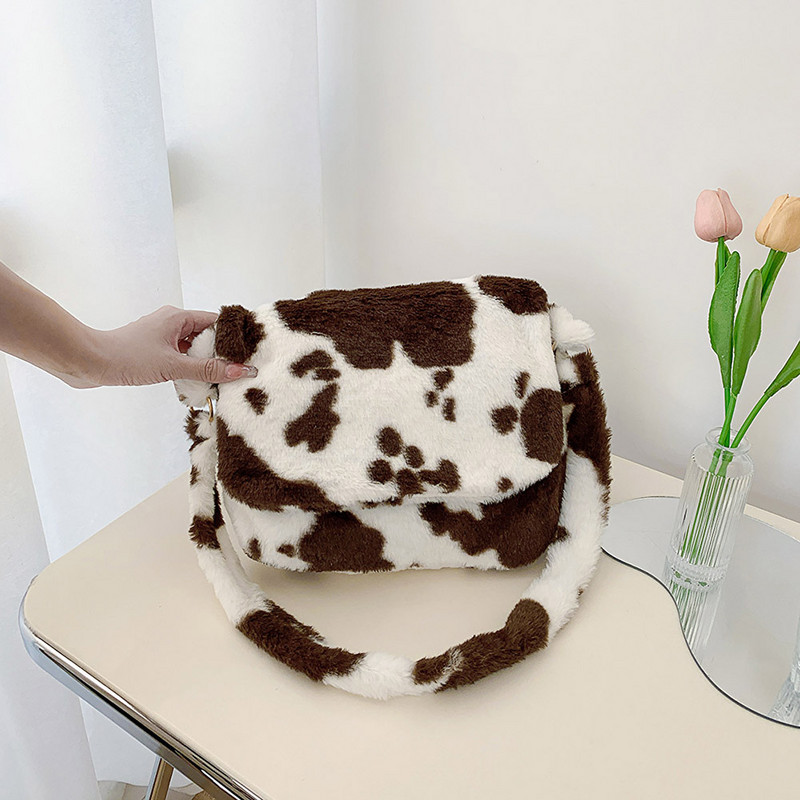 Γυναικεία βελούδινη τσάντα ώμου με μοτίβο αγελάδας Γούνινη τσάντα αγγελιοφόρου μόδας με πτερύγιο τσάντα τσάντα casual ευέλικτη φθινοπωρινή τσάντα με σφεντόνα