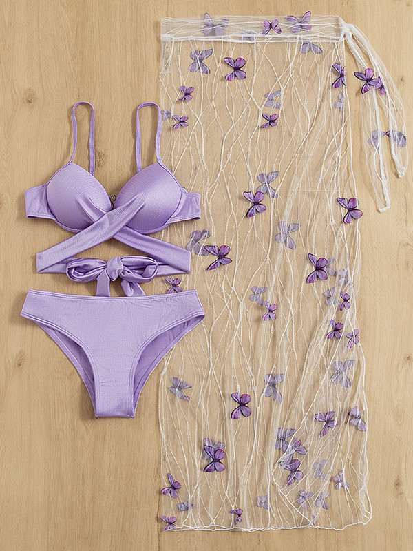 Σέξι Push Up Μπικίνι Λεβάντα 3 τεμάχια μαγιό με φούστες Μαγιό Γυναικεία 2023 Νέα Μαγιό παραλίας Καλοκαίρι