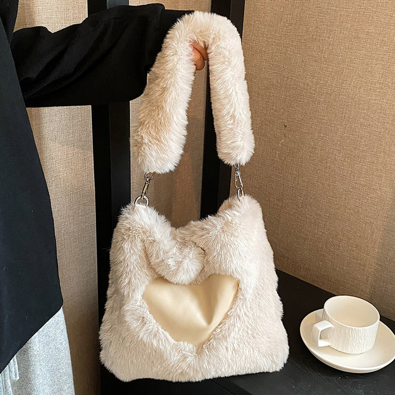 Geantă de mână din pluș pentru femei, ocazional, geantă de mână pufoasă, pufoasă, cu lanț, husă drăguță, cu blană artificială, geantă de femeie, cu blană