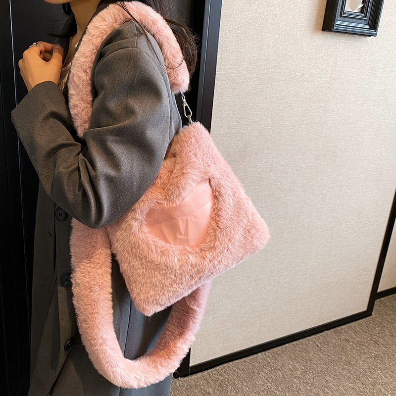 Geantă de mână din pluș pentru femei, ocazional, geantă de mână pufoasă, pufoasă, cu lanț, husă drăguță, cu blană artificială, geantă de femeie, cu blană