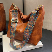 Vintage μονόχρωμη PU δερμάτινη γυναικεία τσάντα ώμου τσάντα ώμου Απλή φαρδύ κουβάς Τσάντα χιαστί μεγάλης χωρητικότητας Τσάντα hobo