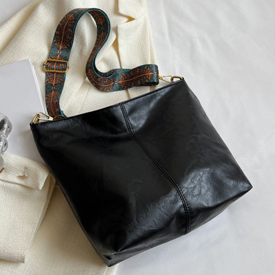 Vintage μονόχρωμη PU δερμάτινη γυναικεία τσάντα ώμου τσάντα ώμου Απλή φαρδύ κουβάς Τσάντα χιαστί μεγάλης χωρητικότητας Τσάντα hobo