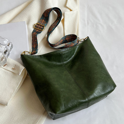 Vintage μονόχρωμη PU δερμάτινη γυναικεία τσάντα ώμου τσάντα ώμου Απλή φαρδύ κουβάς Τσάντα χιαστί μεγάλης χωρητικότητας Τσάντα hobo