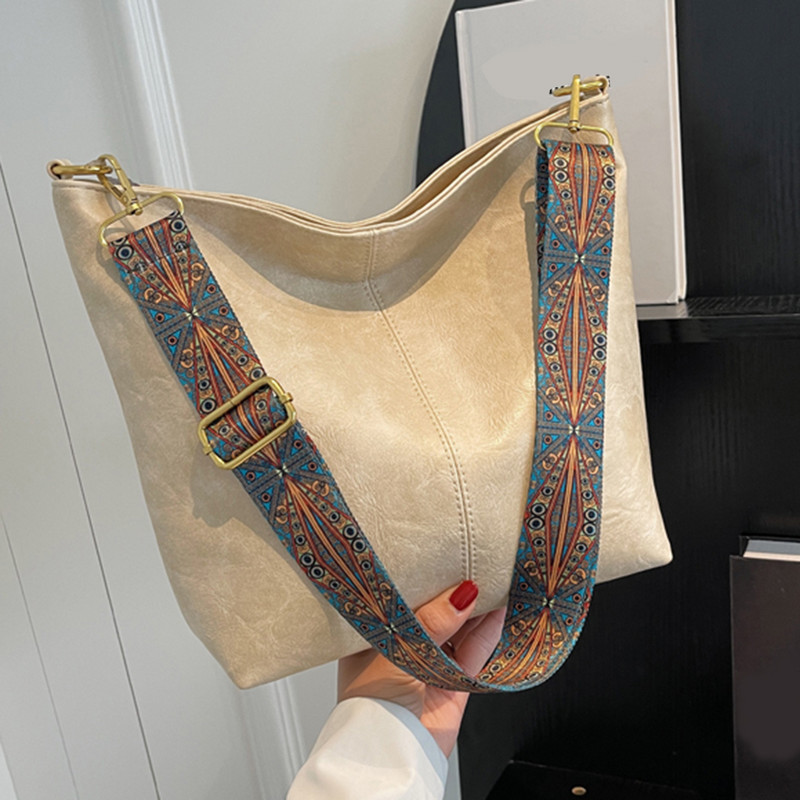 Vintage μονόχρωμη PU δερμάτινη γυναικεία τσάντα ώμου τσάντα ώμου Απλή φαρδύ κουβάς Τσάντα χιαστί μεγάλης χωρητικότητας Τσάντα hobo