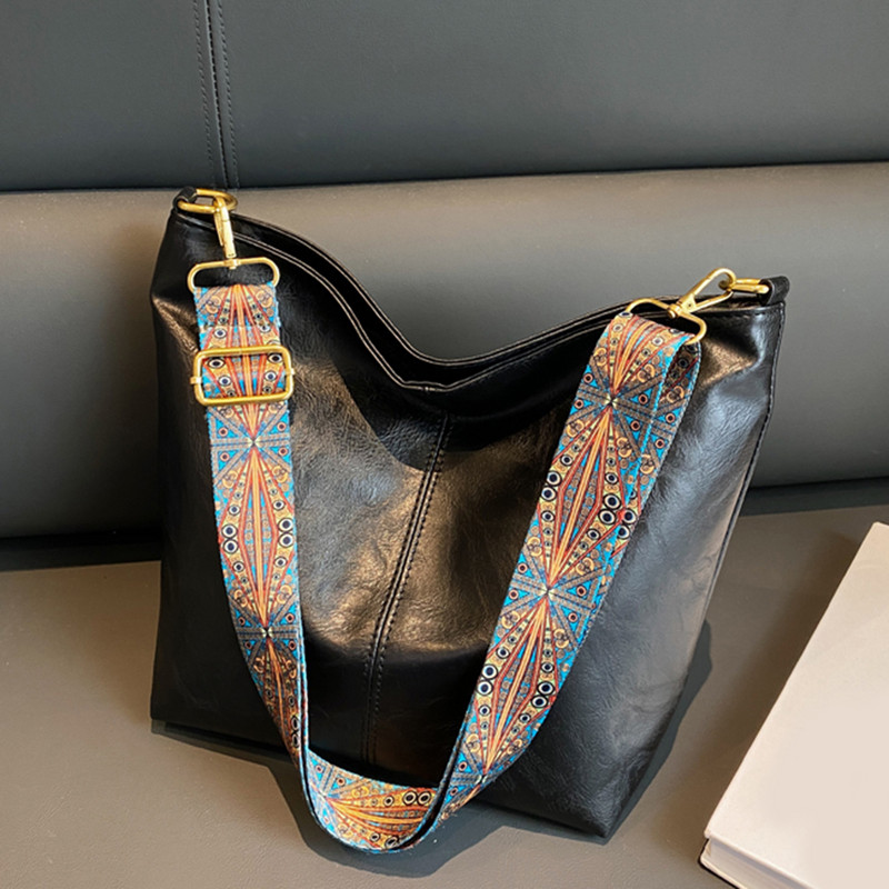 Vintage μονόχρωμη PU δερμάτινη γυναικεία τσάντα ώμου τσάντα ώμου Απλή φαρδύ κουβάς Τσάντα χιαστί μεγάλης χωρητικότητας Τσάντα hobo