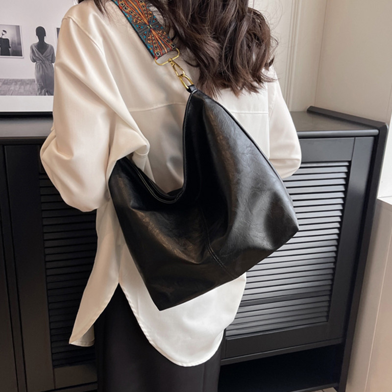 Vintage μονόχρωμη PU δερμάτινη γυναικεία τσάντα ώμου τσάντα ώμου Απλή φαρδύ κουβάς Τσάντα χιαστί μεγάλης χωρητικότητας Τσάντα hobo