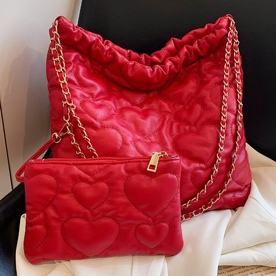 Geantă de mână matlasată cu inimă pentru femei Geantă de mână versatilă, moale, de mare capacitate, cu o poșetă asortată