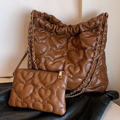 Geantă de mână matlasată cu inimă pentru femei Geantă de mână versatilă, moale, de mare capacitate, cu o poșetă asortată