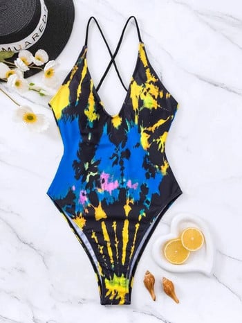 Sexy One Piece μαγιό για γυναίκες 2024 Μαγιό Tie-dye Μαγιό με βαθύ V λαιμόκοψη Καλοκαιρινό μαγιό σταυρός πλάτη