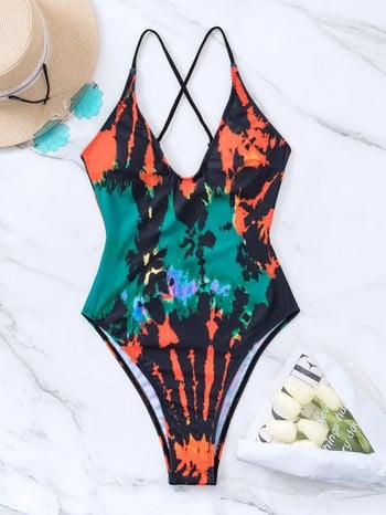 Sexy One Piece μαγιό για γυναίκες 2024 Μαγιό Tie-dye Μαγιό με βαθύ V λαιμόκοψη Καλοκαιρινό μαγιό σταυρός πλάτη