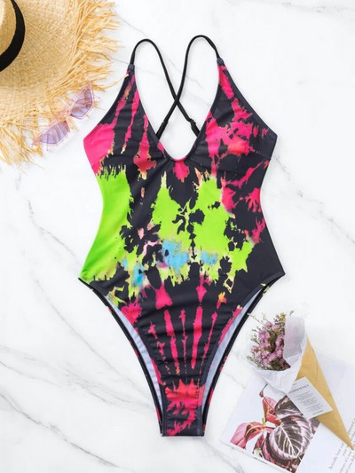 Sexy One Piece μαγιό για γυναίκες 2024 Μαγιό Tie-dye Μαγιό με βαθύ V λαιμόκοψη Καλοκαιρινό μαγιό σταυρός πλάτη