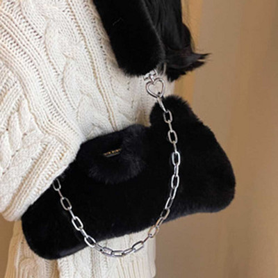 Γυναικεία αφράτη τσάντα ώμου μονόχρωμη μεγάλη αλυσίδα απλή τσάντα τσάντα μεγάλης χωρητικότητας Λούτρινη τσάντα μασχάλης Μαλακή βελούδινη τσάντα ώμου