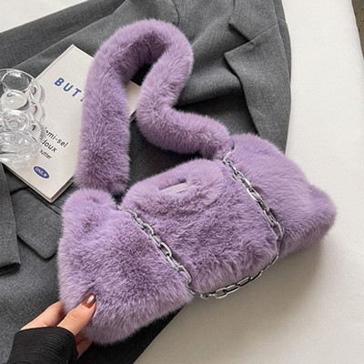 Γυναικεία αφράτη τσάντα ώμου μονόχρωμη μεγάλη αλυσίδα απλή τσάντα τσάντα μεγάλης χωρητικότητας Λούτρινη τσάντα μασχάλης Μαλακή βελούδινη τσάντα ώμου