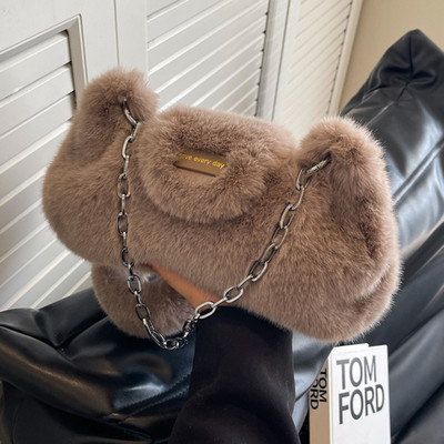 Γυναικεία αφράτη τσάντα ώμου μονόχρωμη μεγάλη αλυσίδα απλή τσάντα τσάντα μεγάλης χωρητικότητας Λούτρινη τσάντα μασχάλης Μαλακή βελούδινη τσάντα ώμου