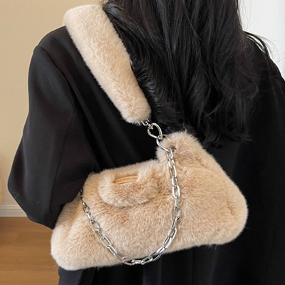 Γυναικεία αφράτη τσάντα ώμου μονόχρωμη μεγάλη αλυσίδα απλή τσάντα τσάντα μεγάλης χωρητικότητας Λούτρινη τσάντα μασχάλης Μαλακή βελούδινη τσάντα ώμου