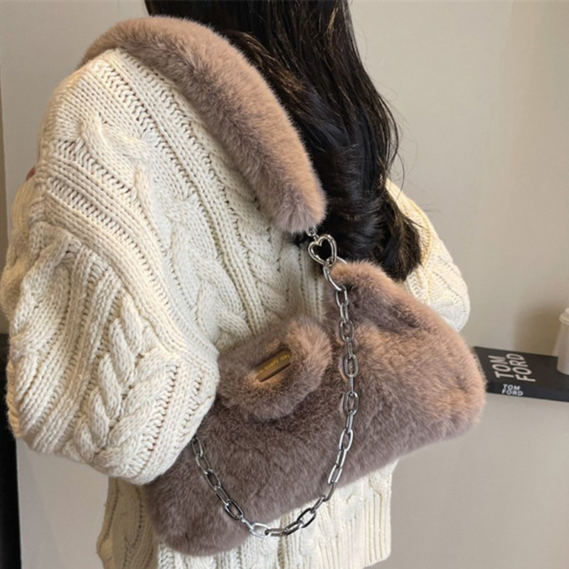 Γυναικεία αφράτη τσάντα ώμου μονόχρωμη μεγάλη αλυσίδα απλή τσάντα τσάντα μεγάλης χωρητικότητας Λούτρινη τσάντα μασχάλης Μαλακή βελούδινη τσάντα ώμου