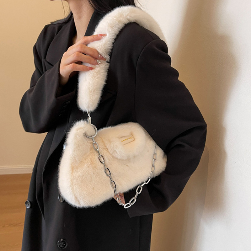 Γυναικεία αφράτη τσάντα ώμου μονόχρωμη μεγάλη αλυσίδα απλή τσάντα τσάντα μεγάλης χωρητικότητας Λούτρινη τσάντα μασχάλης Μαλακή βελούδινη τσάντα ώμου