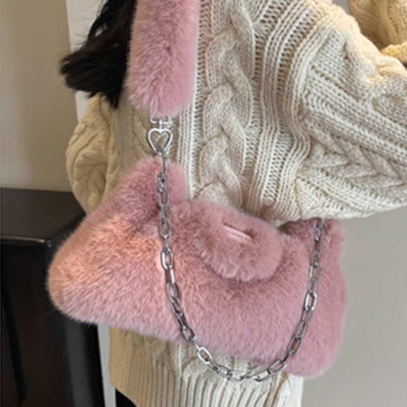 Γυναικεία αφράτη τσάντα ώμου μονόχρωμη μεγάλη αλυσίδα απλή τσάντα τσάντα μεγάλης χωρητικότητας Λούτρινη τσάντα μασχάλης Μαλακή βελούδινη τσάντα ώμου