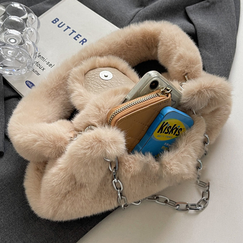 Γυναικεία αφράτη τσάντα ώμου μονόχρωμη μεγάλη αλυσίδα απλή τσάντα τσάντα μεγάλης χωρητικότητας Λούτρινη τσάντα μασχάλης Μαλακή βελούδινη τσάντα ώμου