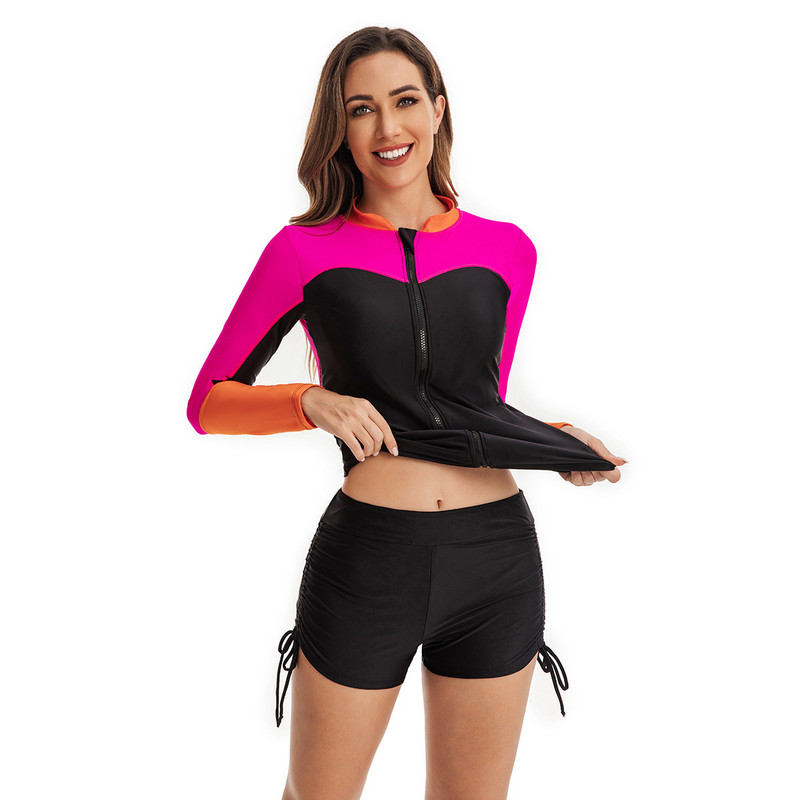 Costumul de baie cu unghi plat de tip surf pentru femei Costum de baie cu mânecă lungă Cardigan cu fermoar Tankini pentru femei