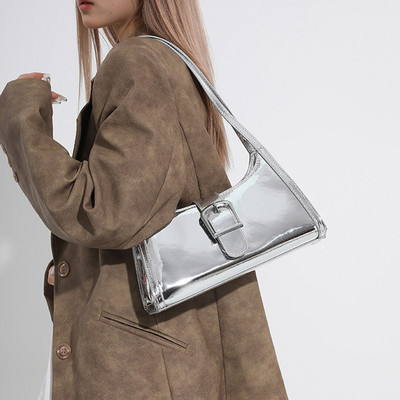 Ženska metalna torba Y2k modna torba s kopčom za skitnicu Svestrana lakirana kožna torba za rame Torba za ispod pazuha Djevojka Meka torbica