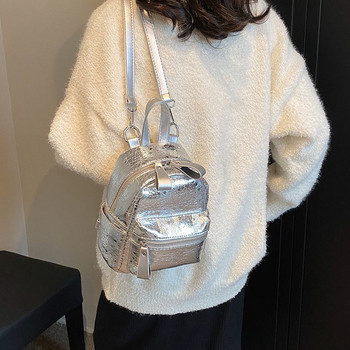 Луксозна модна сребърна раница за жени Висококачествена PU кожена чанта през рамо през рамо Малка дамска чанта за пътуване Черна чанта
