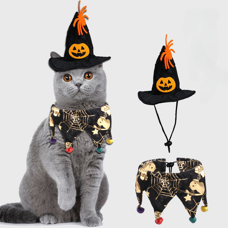 Pălărie de Halloween Eșarfă Costume pentru animale de companie Model de pânză de păianjen dovleac Guler pentru gâtul pisicii Dispozitive pentru petrecere festivă de Halloween fericit