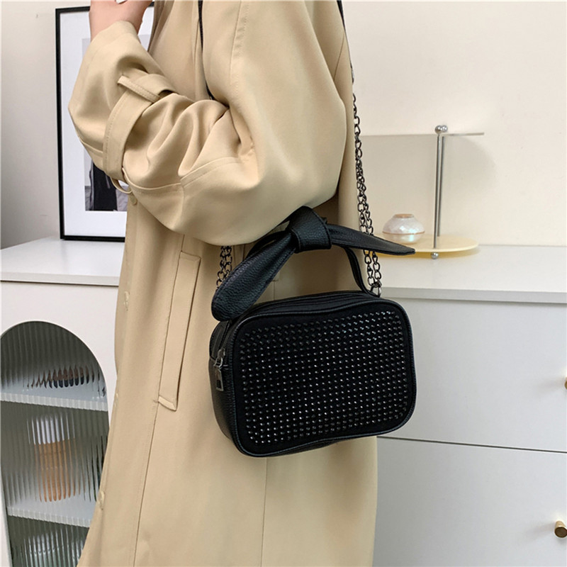 Geantă ghiozdan ocazională pentru femei, cu stras strălucitor, mini geantă pătrată cu fundă, cu mâner superior, din piele PU, geantă strălucitoare.