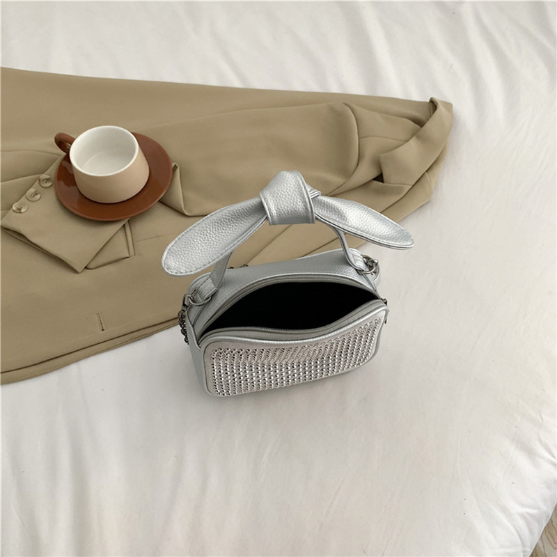 Geantă ghiozdan ocazională pentru femei, cu stras strălucitor, mini geantă pătrată cu fundă, cu mâner superior, din piele PU, geantă strălucitoare.