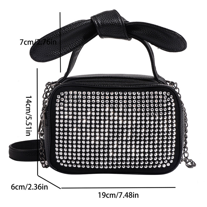 Geantă ghiozdan ocazională pentru femei, cu stras strălucitor, mini geantă pătrată cu fundă, cu mâner superior, din piele PU, geantă strălucitoare.