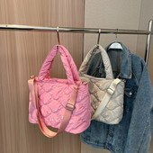 Μόδα ροζ γυναικείες τσάντες χειμερινές βαμβακερές τσάντες με επάνω λαβή Casual γυναικείες μονόχρωμες καπιτονέ Τσάντα ώμου μεγάλης χωρητικότητας