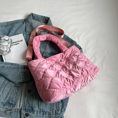 Μόδα ροζ γυναικείες τσάντες χειμερινές βαμβακερές τσάντες με επάνω λαβή Casual γυναικείες μονόχρωμες καπιτονέ Τσάντα ώμου μεγάλης χωρητικότητας