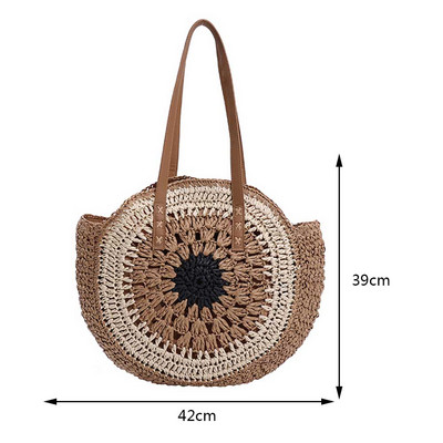 Στρογγυλή ψάθινη τσάντα παραλίας για γυναίκες 2023 Vintage μεγάλη υφασμένη τσάντα ώμου Raffia κύκλος Rattan Τσάντες Bohemian καλοκαιρινές τσάντες Boho