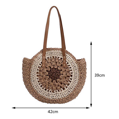 Στρογγυλή ψάθινη τσάντα παραλίας για γυναίκες 2023 Vintage μεγάλη υφασμένη τσάντα ώμου Raffia κύκλος Rattan Τσάντες Bohemian καλοκαιρινές τσάντες Boho