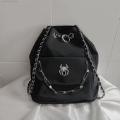 Rucsac Black Spider Punk Y2K Lanț cu șnur Rock Gotic Motocicletă High Street Hippie Femei Bărbați Geantă Moda coreeană Yk2 Genți